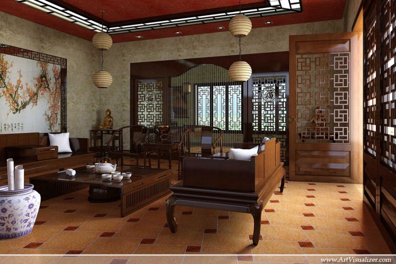 sự quý tộc trong phong cách thiết kế nội thất phòng khách cổ điển châu á
